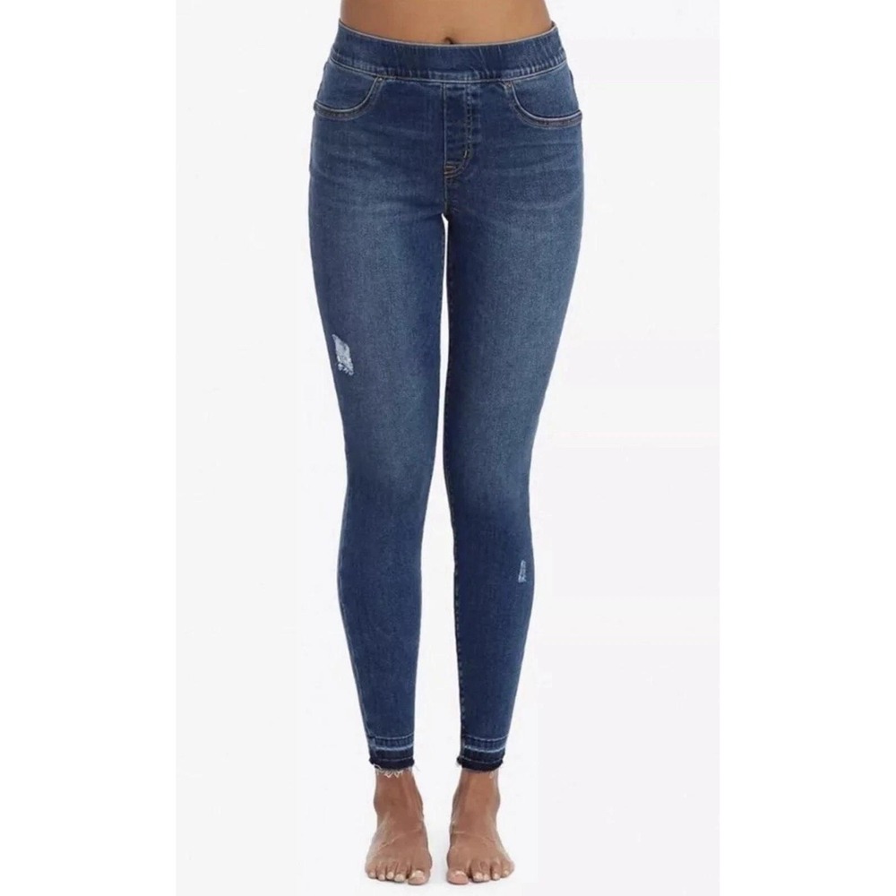 Spanx Shape & Lift Distressed Skinny Jeans Womens M Blue Raw Hem Tummy Control